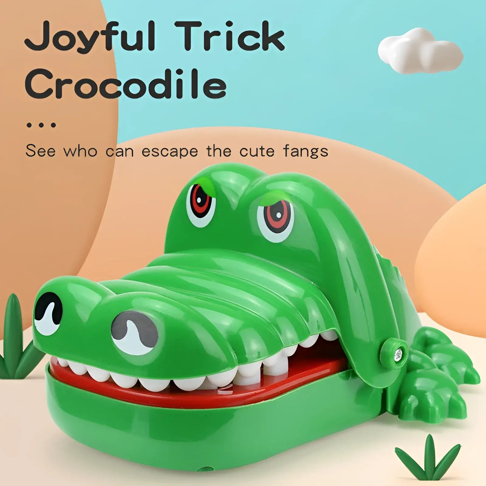 Green plastic crocodile biting finger game interactive kids toy with white teeth red mouth and cartoon eyes