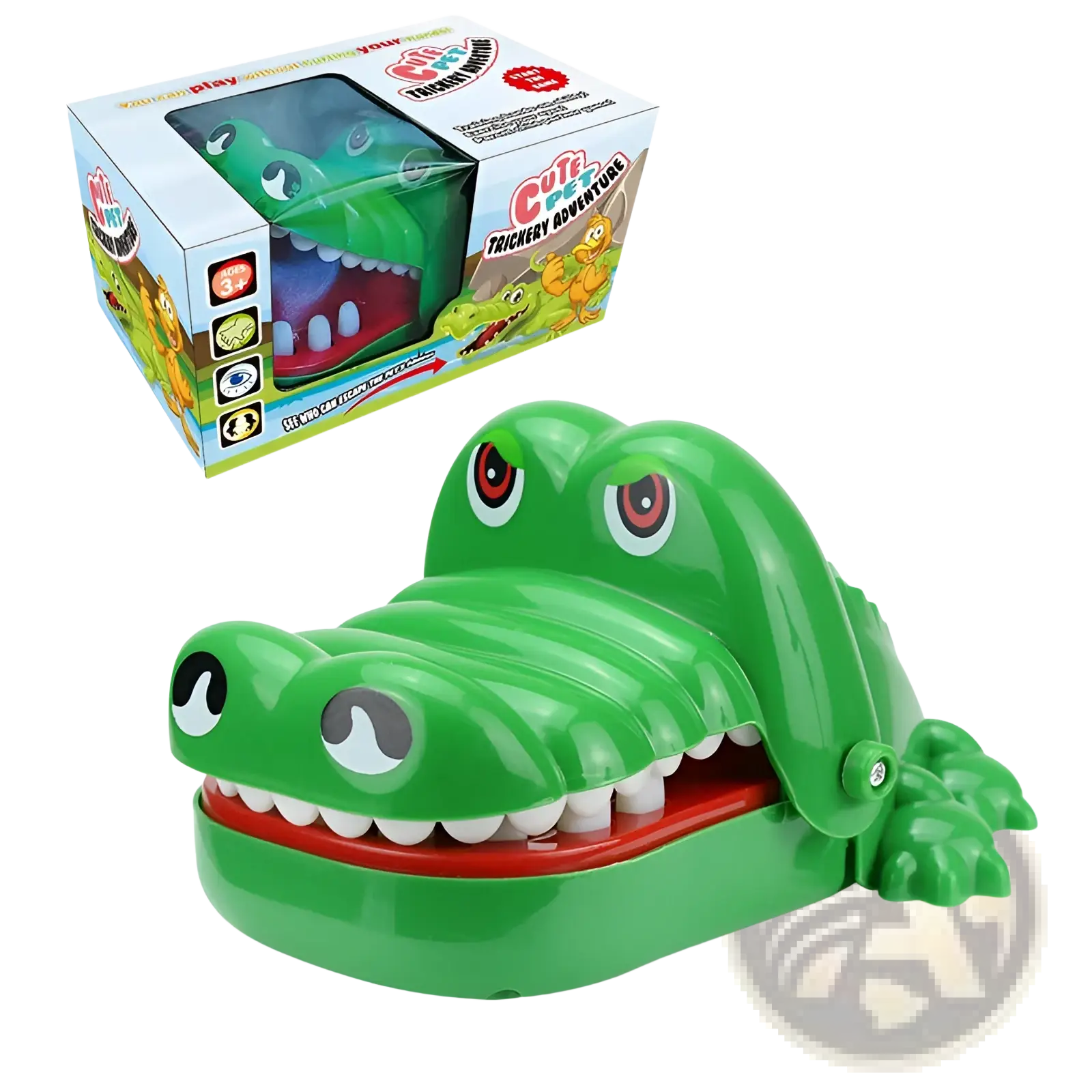 Green plastic crocodile biting finger game toy with white teeth and red interior for interactive kids entertainment