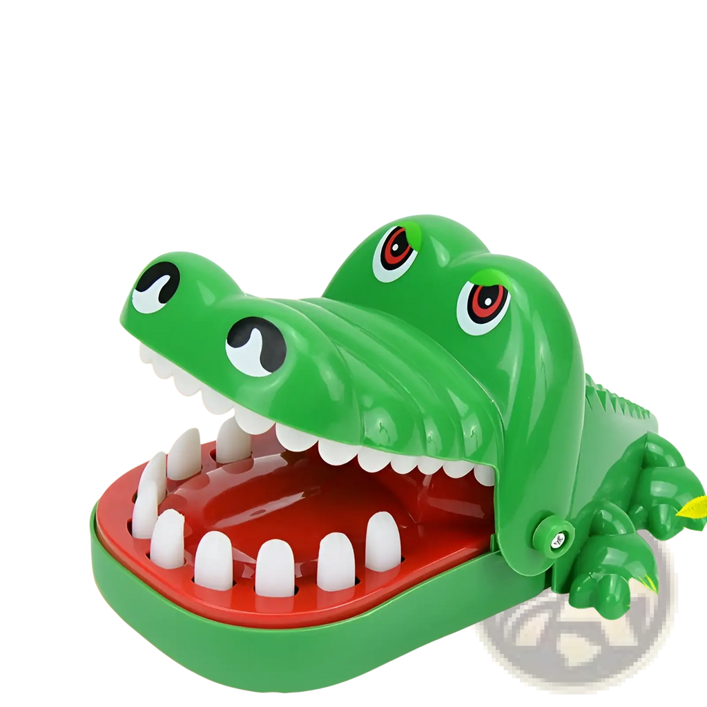 Green plastic crocodile biting finger game toy with white teeth and red interior for interactive kids play