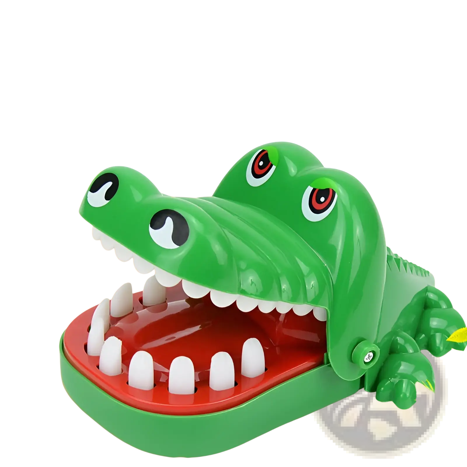 Green plastic crocodile biting finger game toy with white teeth and red interior for interactive kids play