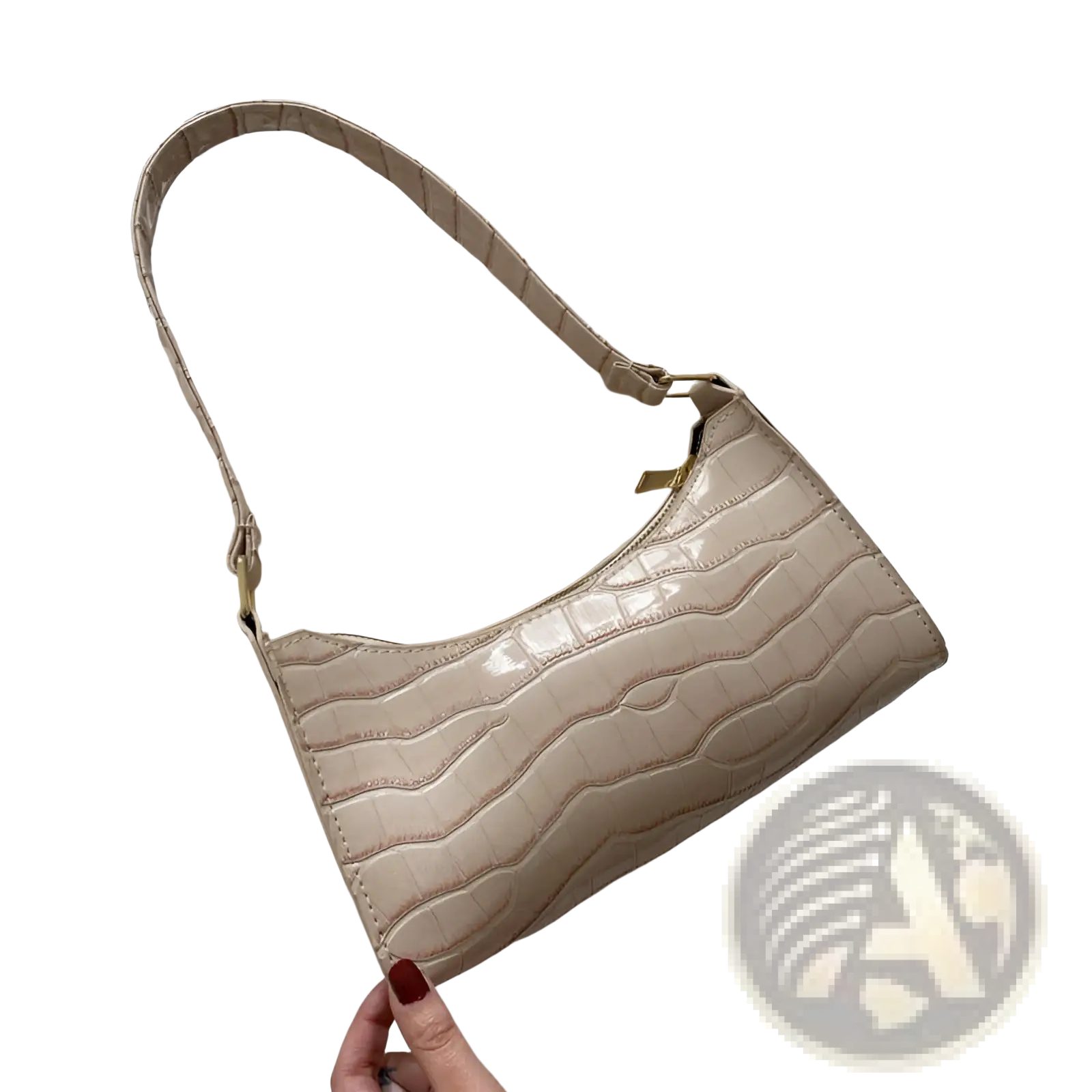 Beige crocodile embossed pu leather crescent messenger bag with gold tone hardware and curved shoulder strap