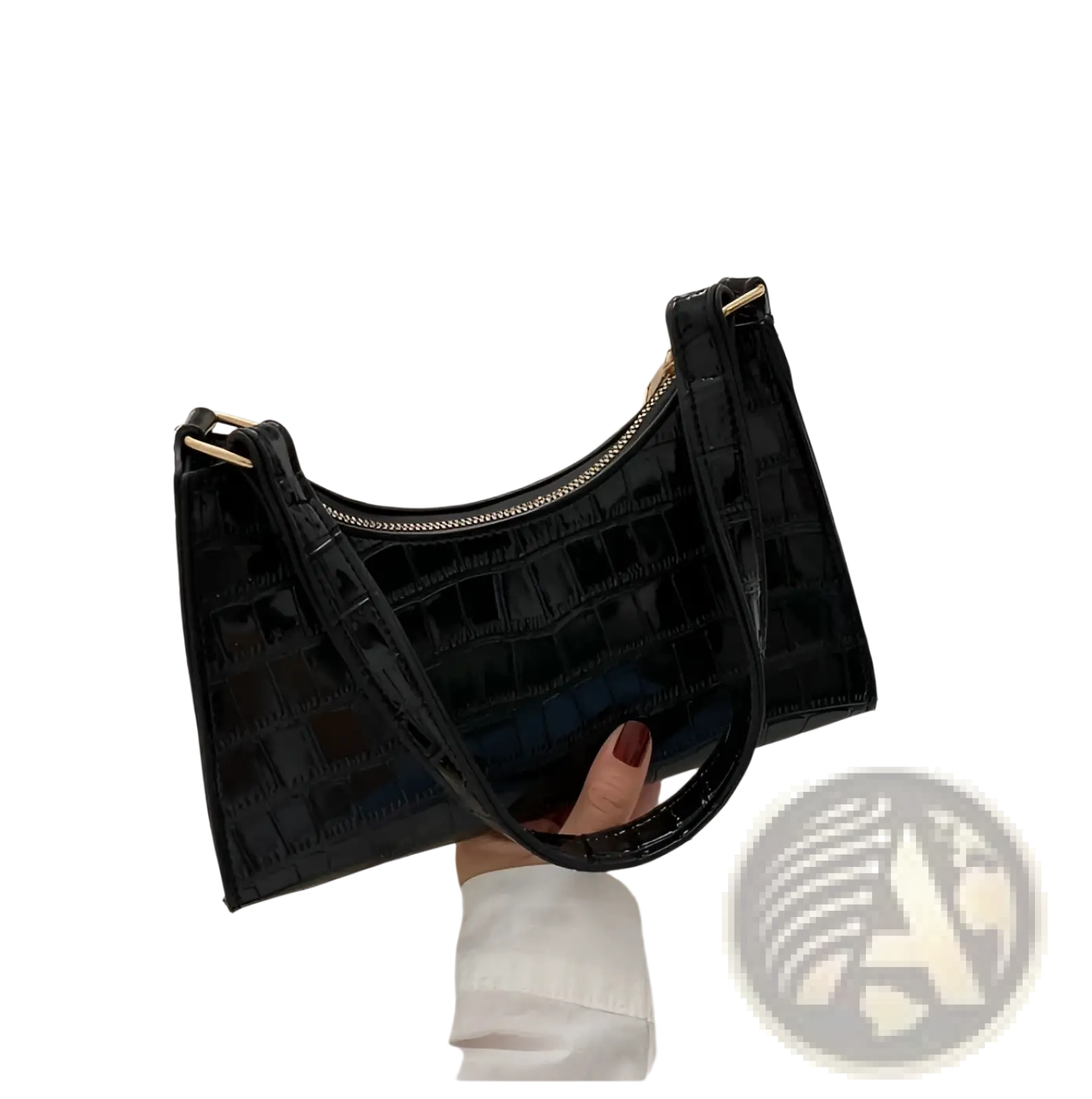 Black crocodile embossed pu leather crescent messenger bag with glossy finish and gold tone hardware