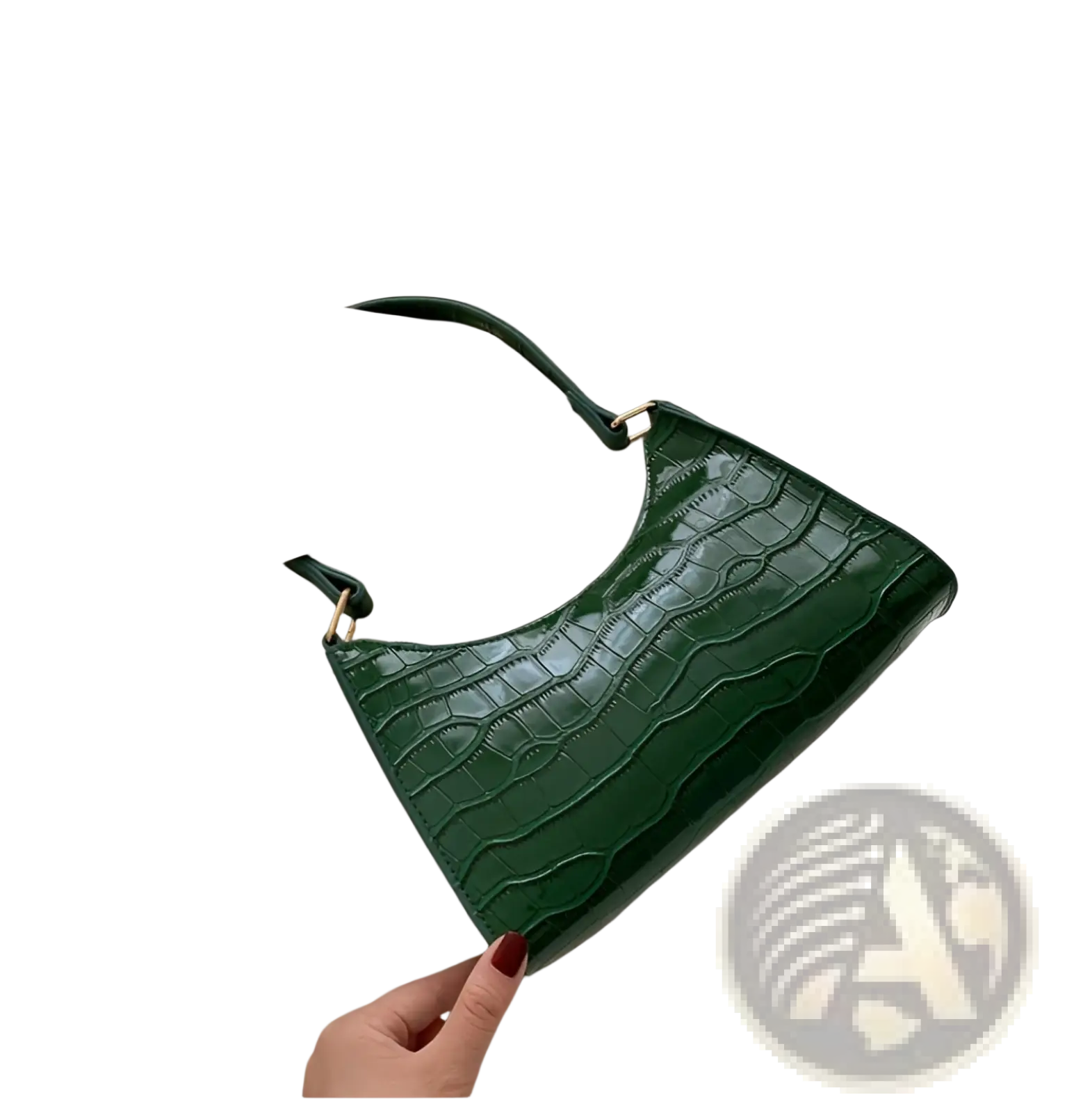 Deep green crocodile embossed pu leather crescent messenger bag with sleek glossy finish and gold tone hardware