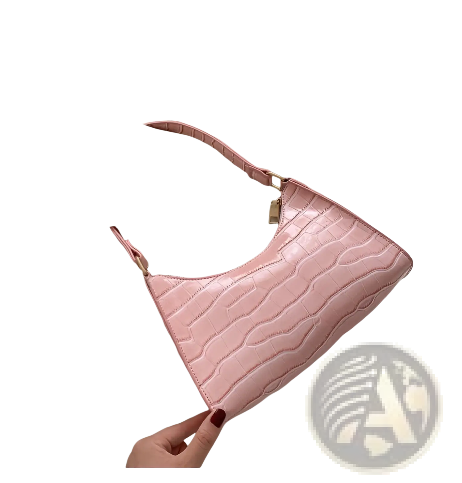 A sleek pink croc embossed pu leather crescent messenger bag with structured minimalist design and gold tone hardware