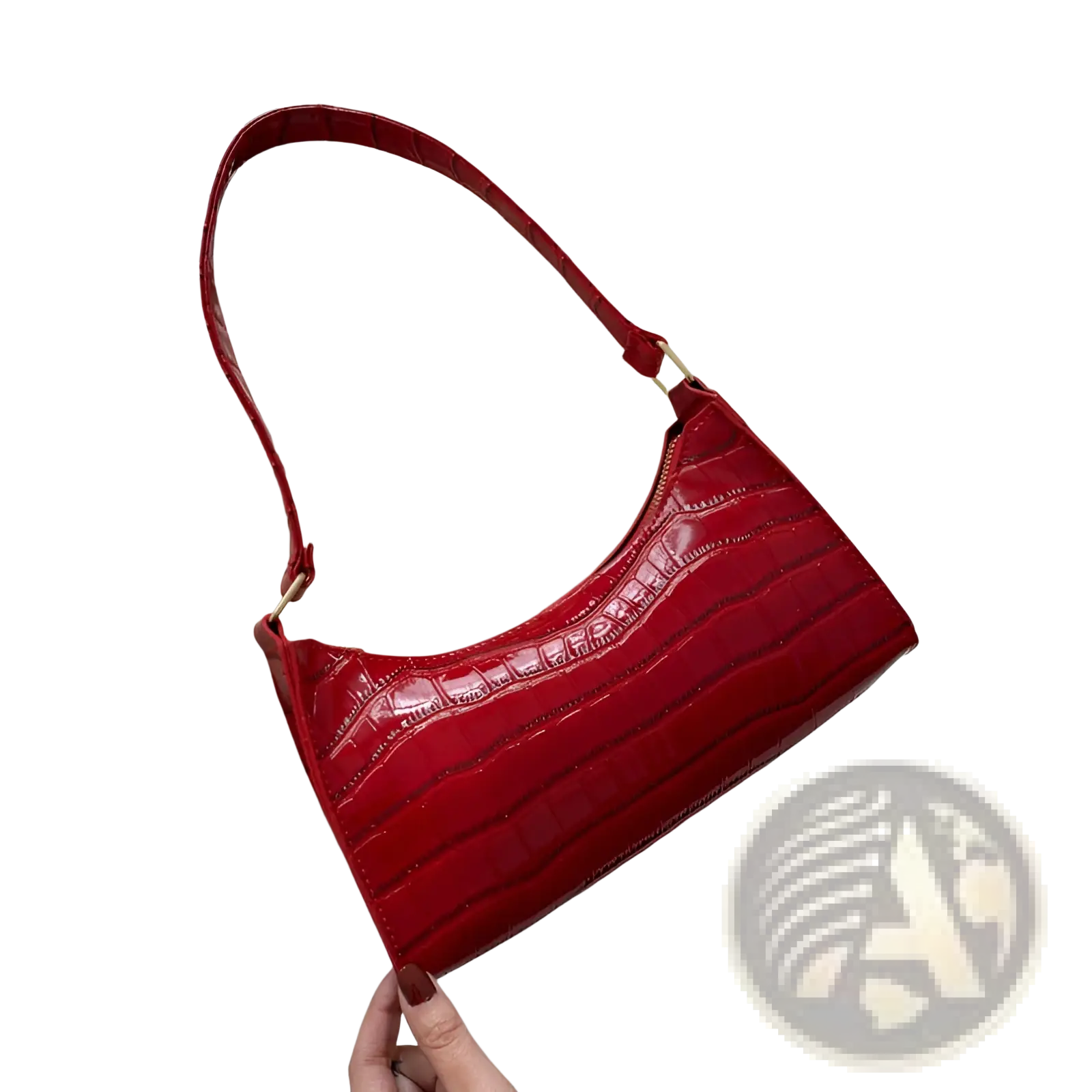 Vibrant red crocodile embossed pu leather crescent messenger bag with sleek glossy finish and gold tone hardware