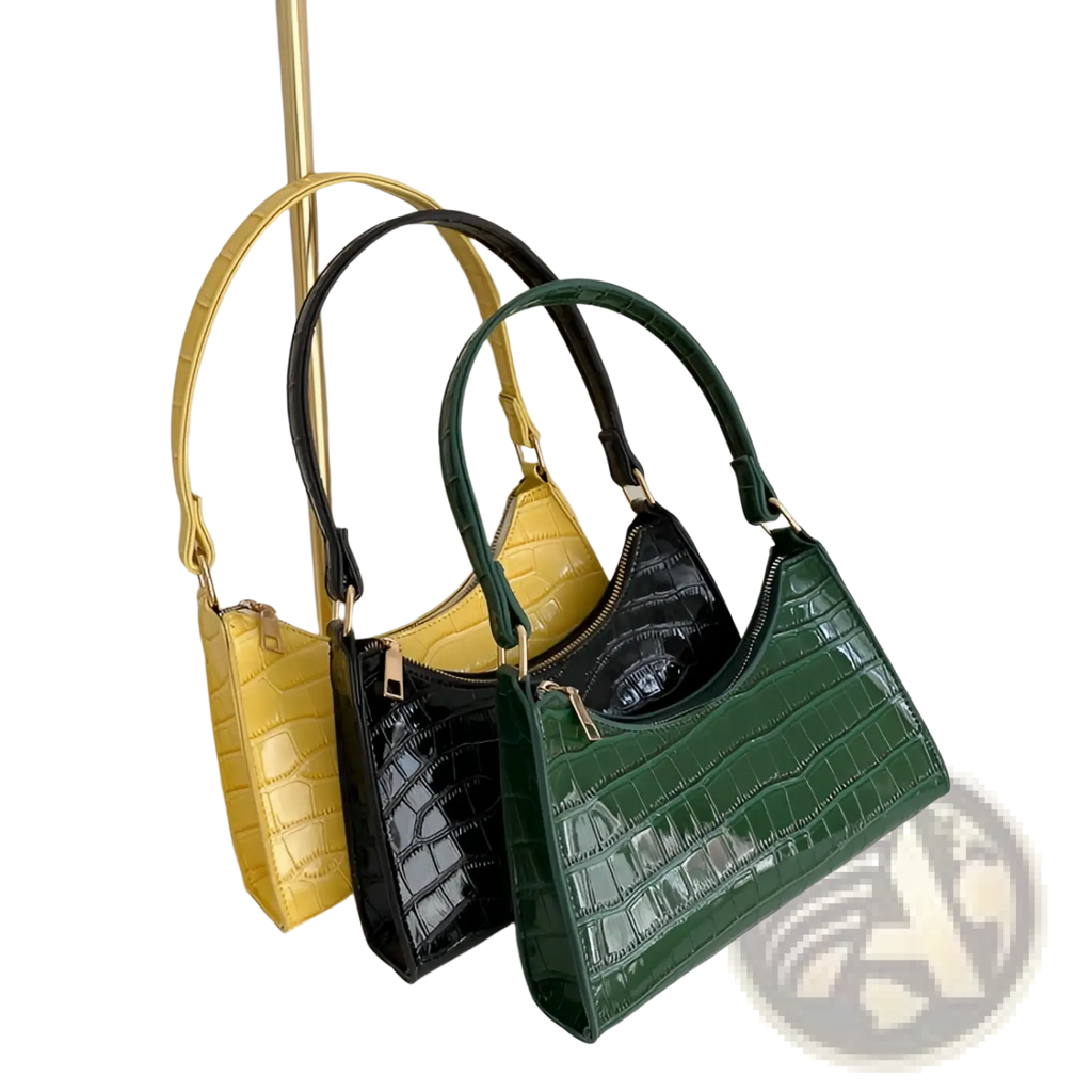 Three crocodile embossed pu leather crescent messenger bags in yellow black and green with gold-tone hardware