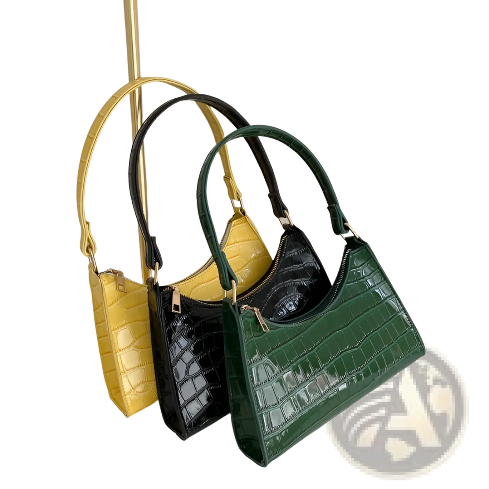 Three crocodile embossed pu leather crescent messenger bags in yellow black and green with gold-tone hardware