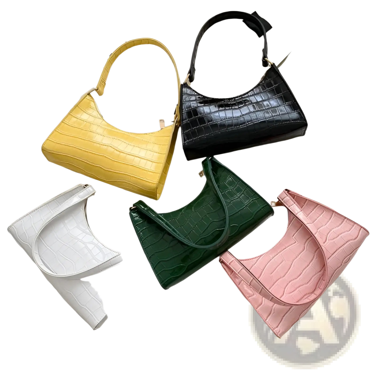 A vibrant yellow crocodile embossed pu leather crescent messenger bag with glossy texture and curved top handle
