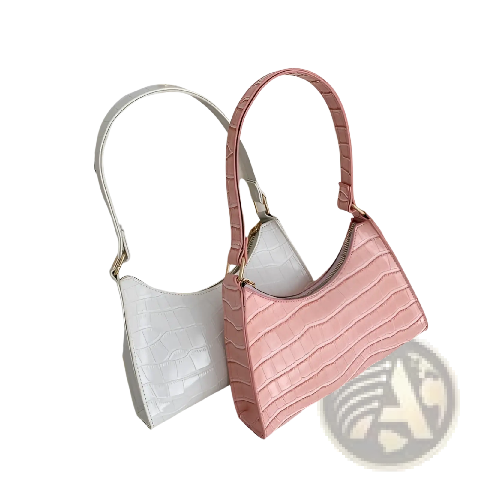 Pink crocodile embossed pu leather crescent messenger bag with structured curved silhouette and gold tone hardware