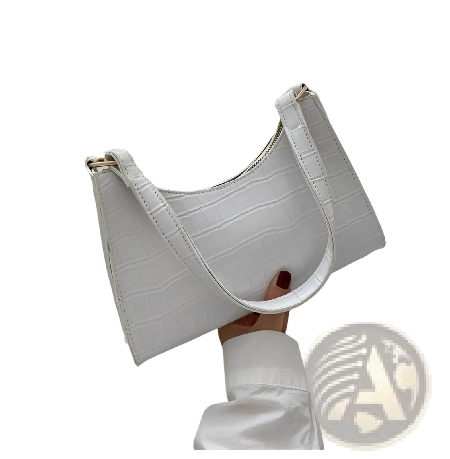 White crocodile embossed pu leather crescent messenger bag with sleek minimalist design and gold tone hardware