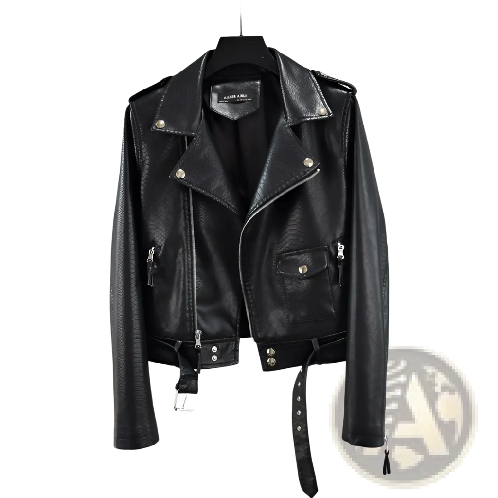 Black faux leather cropped biker jacket with textured crocodile pattern and silver hardware with belt detailing