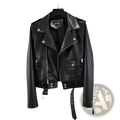 Black faux leather cropped biker jacket with textured crocodile pattern and silver hardware with belt detailing