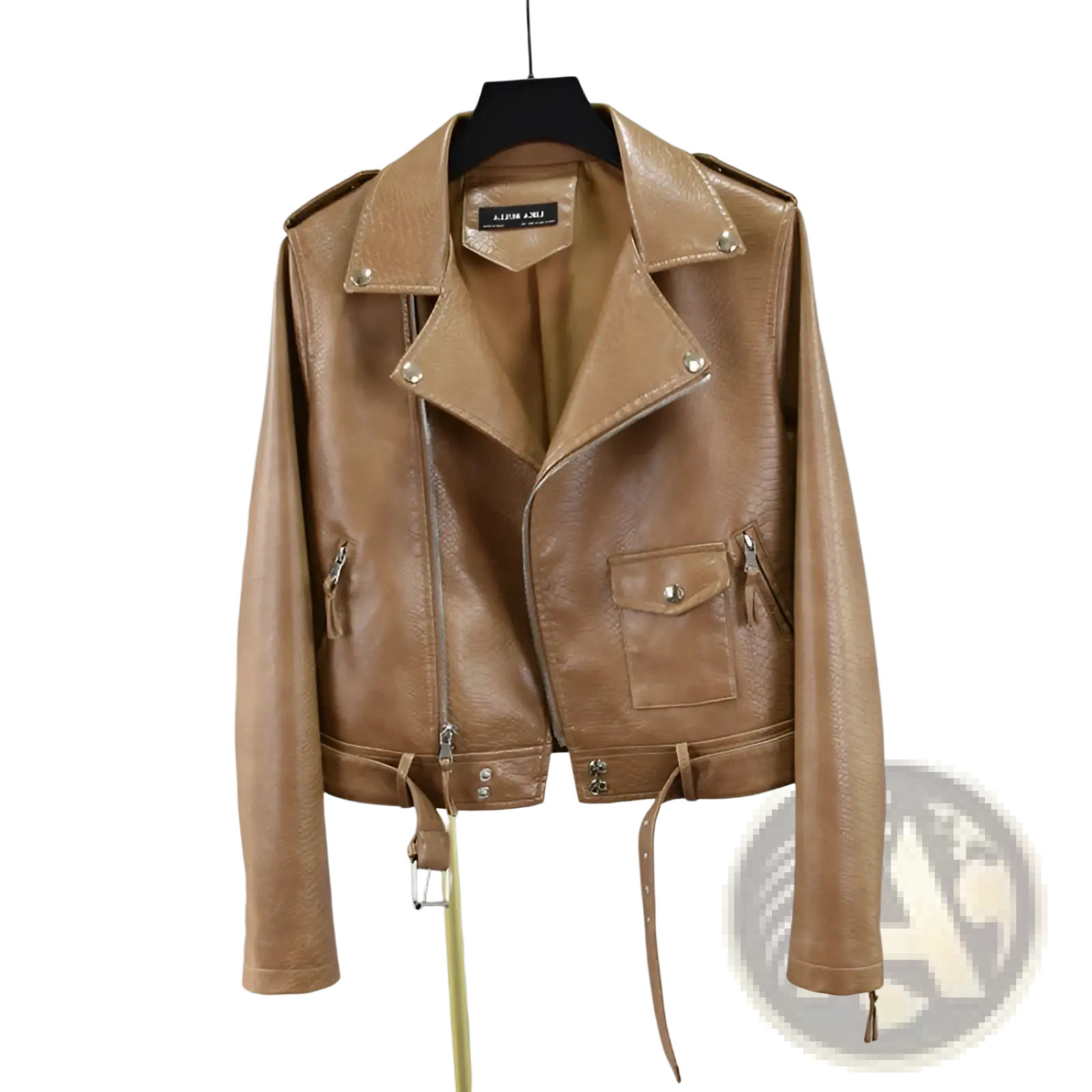 Tan crocodile faux leather cropped biker jacket with textured surface silver toned hardware and belt detail