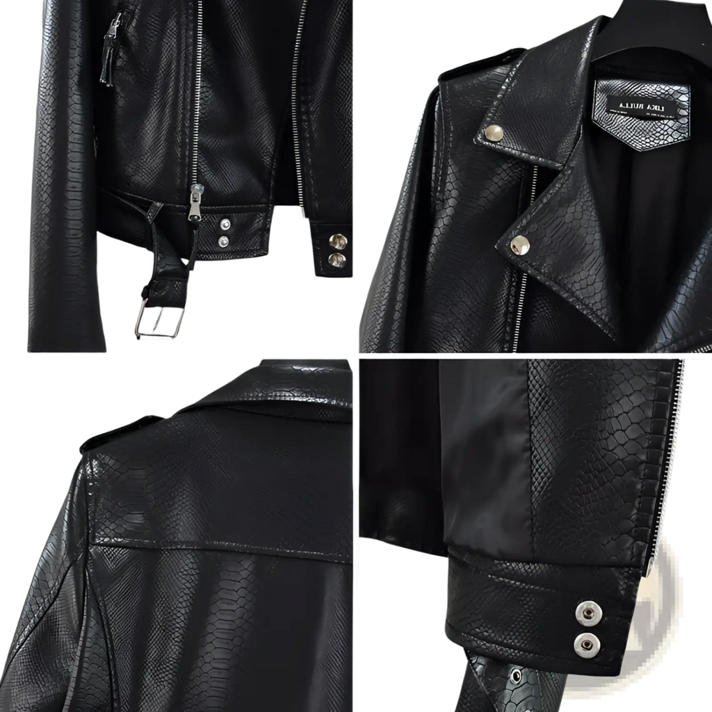 Black faux leather cropped biker jacket with snakeskin texture and silver hardware with belt detail