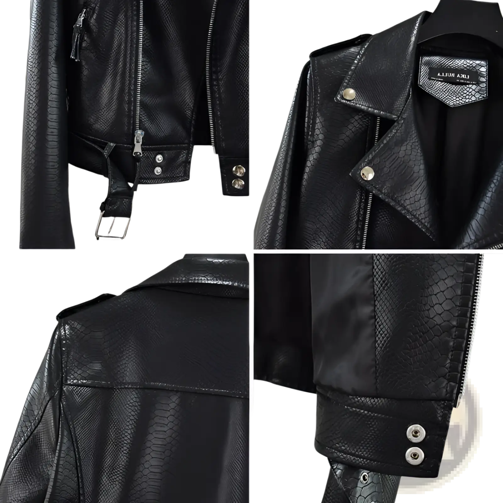 Black faux leather cropped biker jacket with snakeskin texture and silver hardware with belt detail