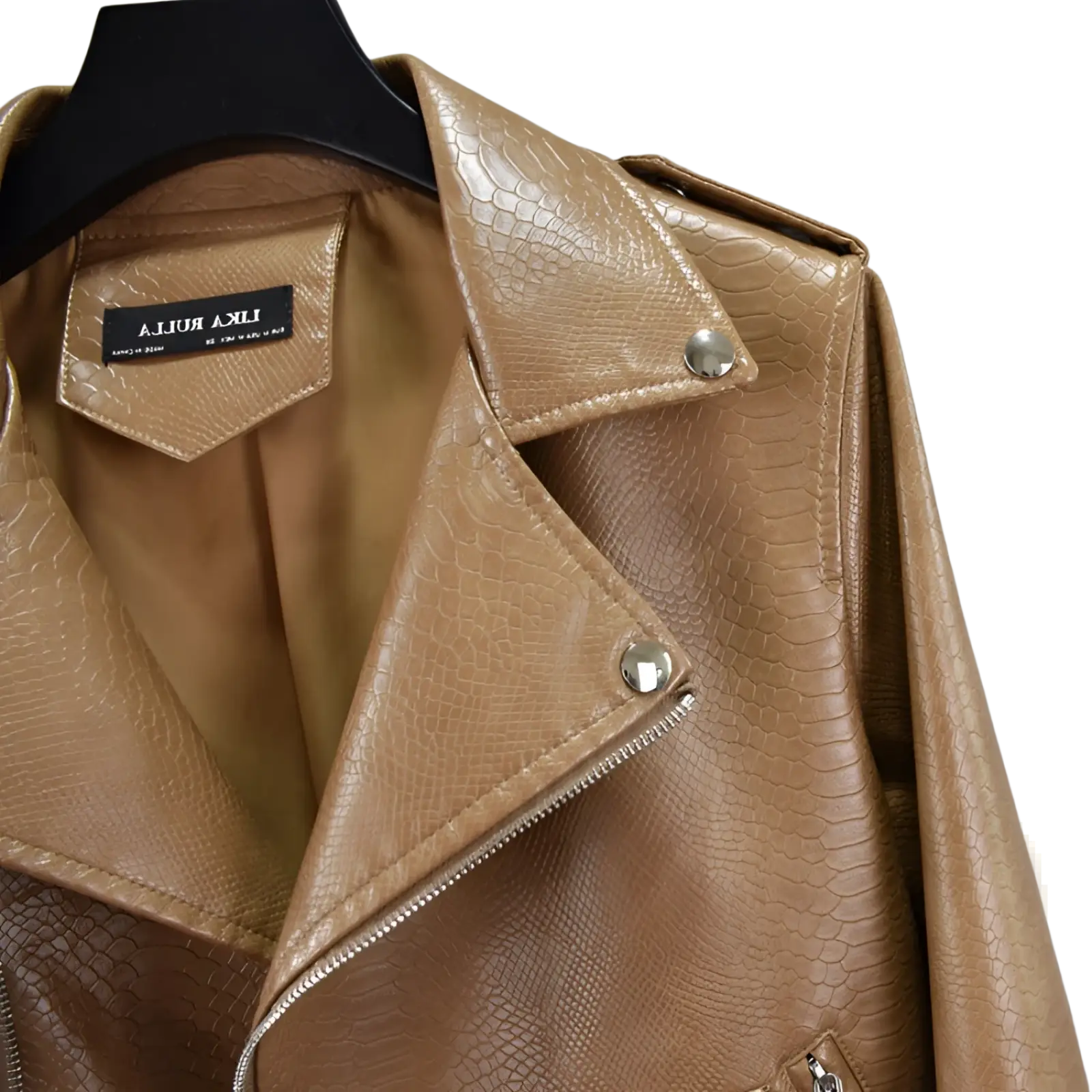 Tan crocodile textured faux leather cropped biker jacket with silver hardware and belt detail