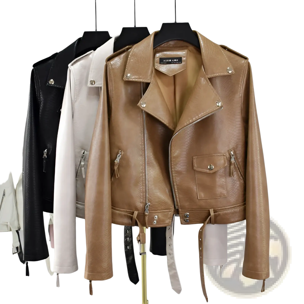 Tan crocodile faux leather cropped biker jacket with textured pattern and silver-toned hardware with belt