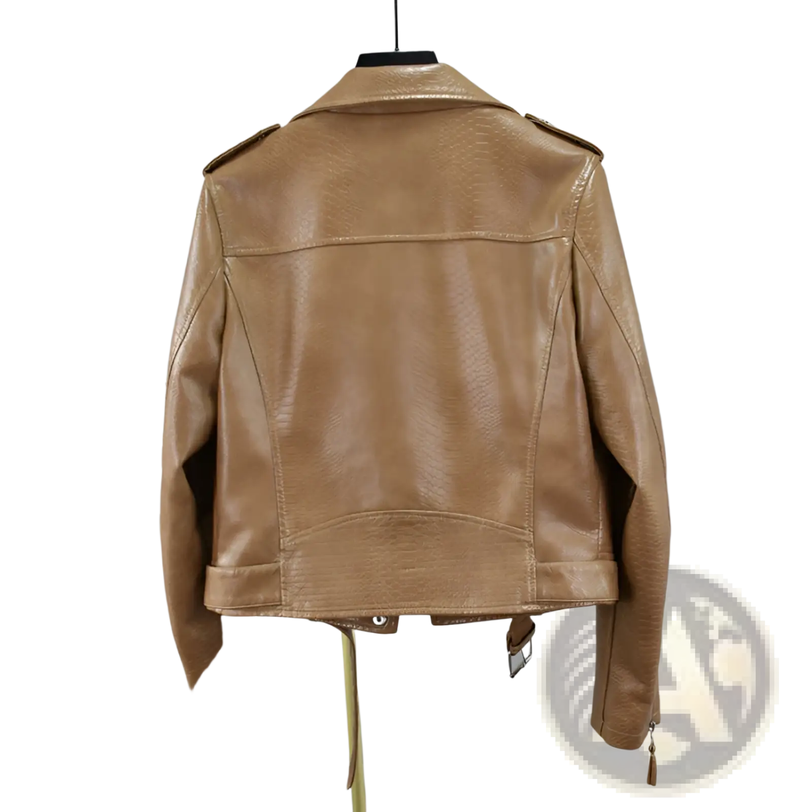 Tan crocodile faux leather cropped biker jacket with subtle texture and classic moto design with belt
