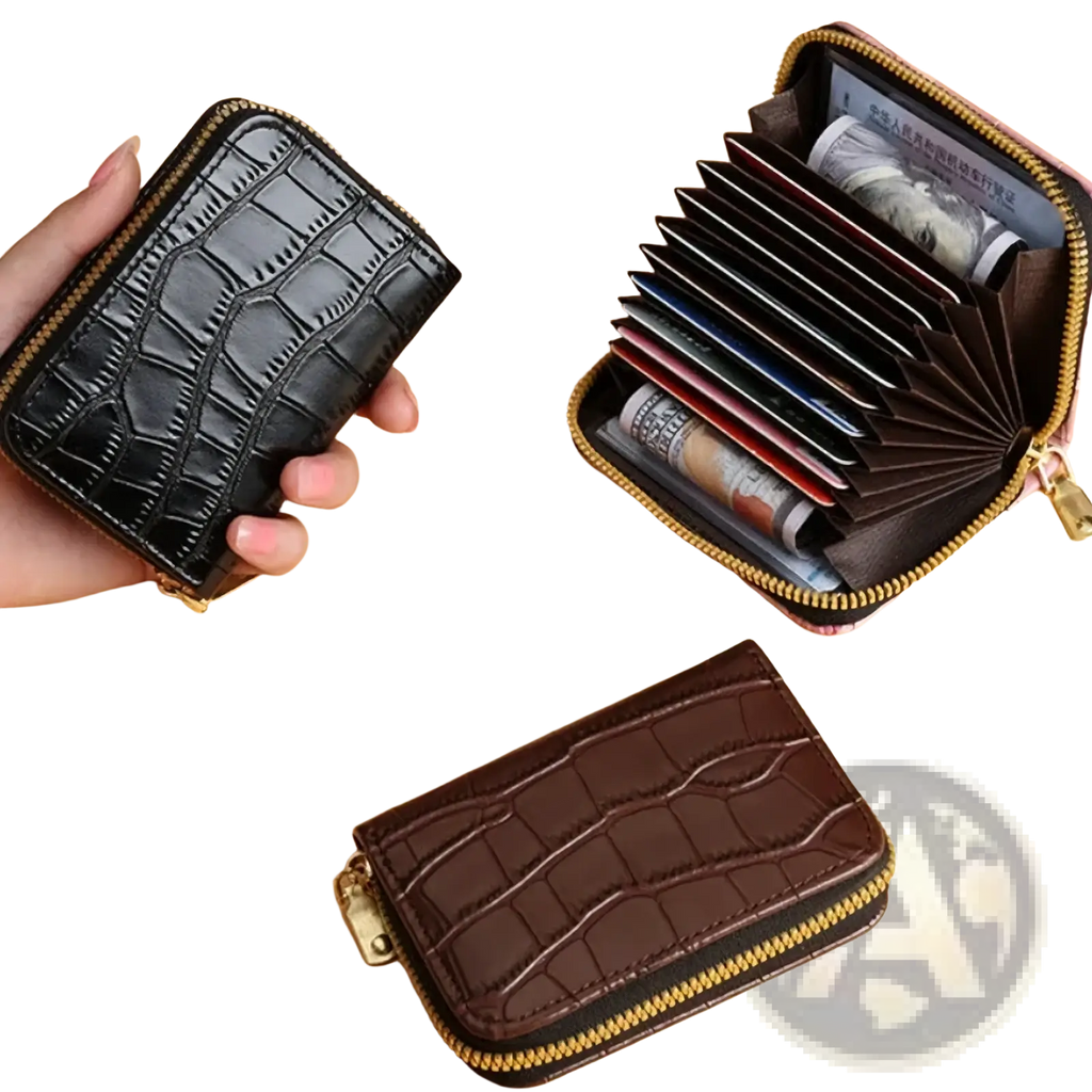 Black and brown crocodile leather accordion card holder wallets with gold toned zippered closures