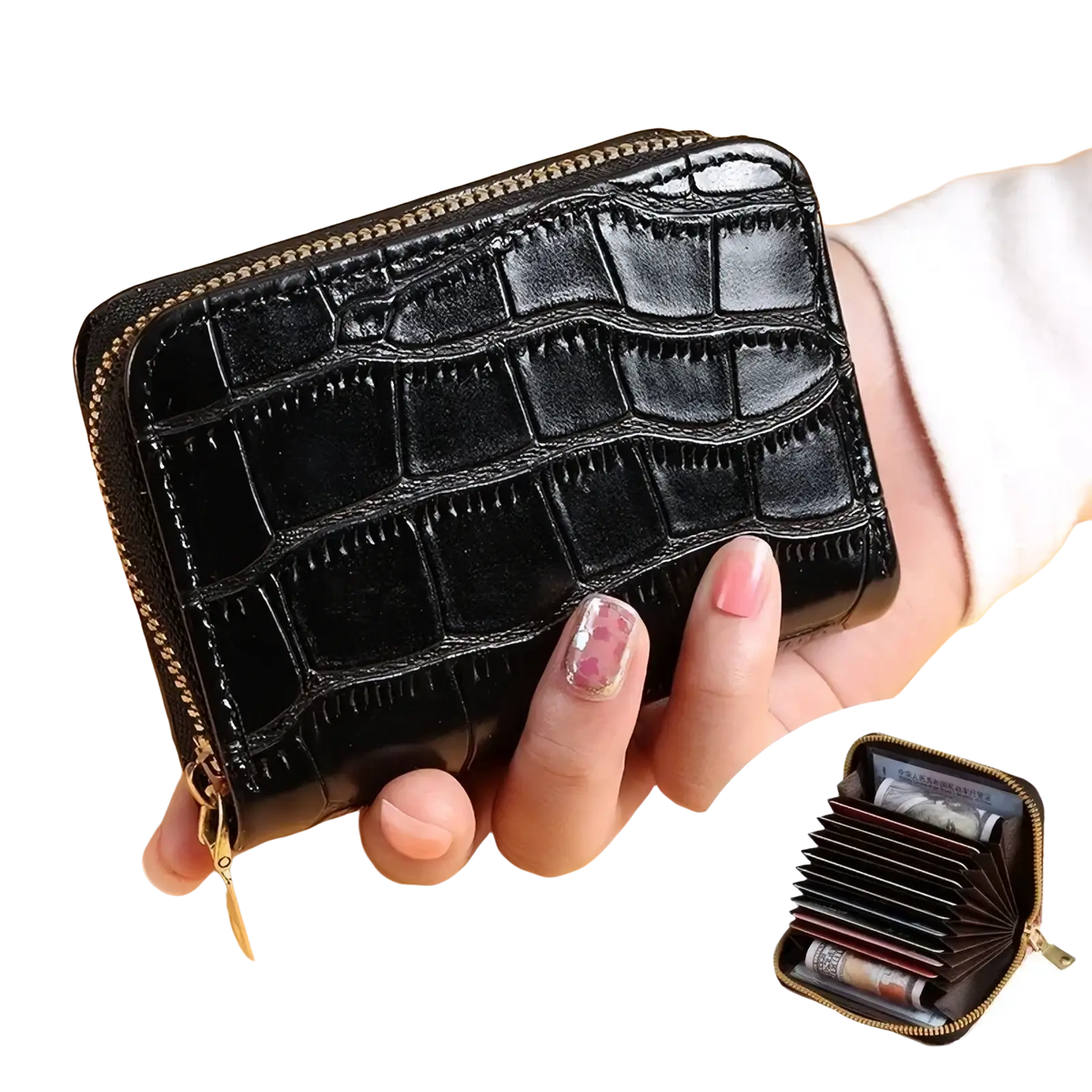 Black crocodile leather accordion card holder wallet with gold zipper displaying the front side