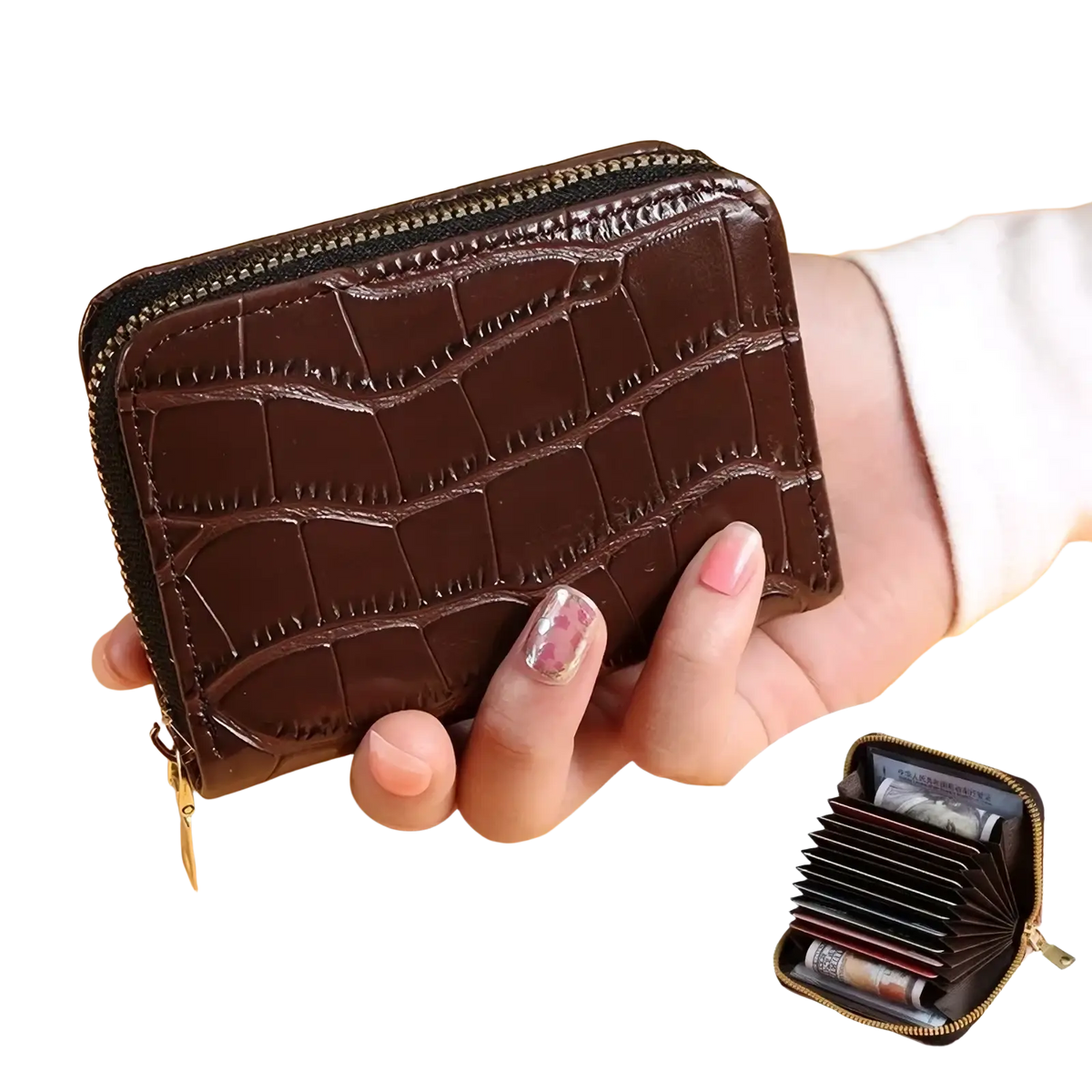 Brown crocodile leather accordion card holder wallet with textured finish and gold zipper closure