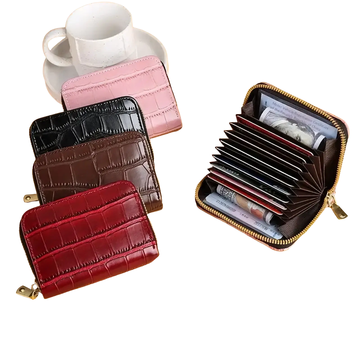 A compact crocodile leather accordion card holder wallet in rich burgundy with gold zipper and multiple card slots