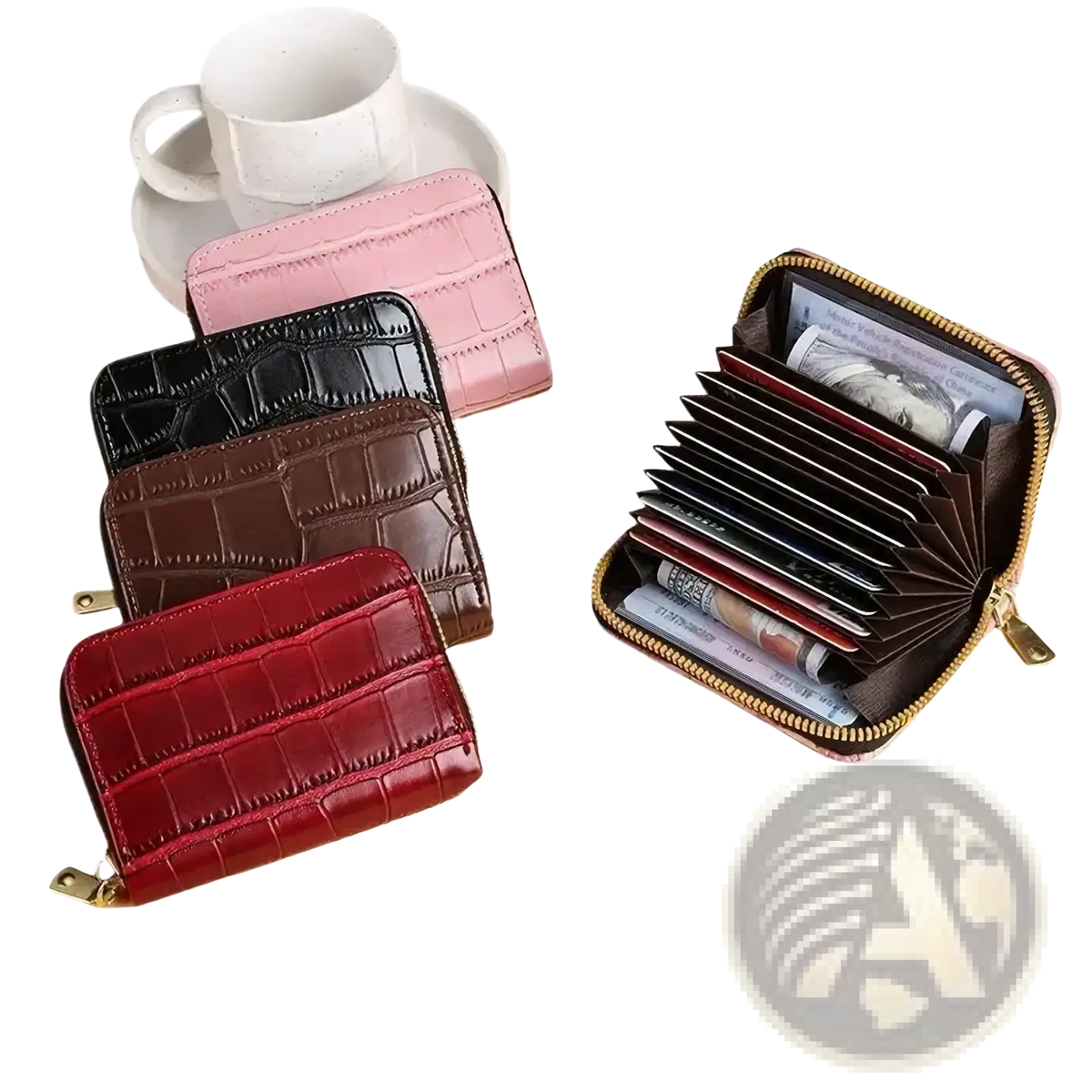 Compact crocodile leather accordion card holder wallet in pink black brown and red with gold zipper detailing