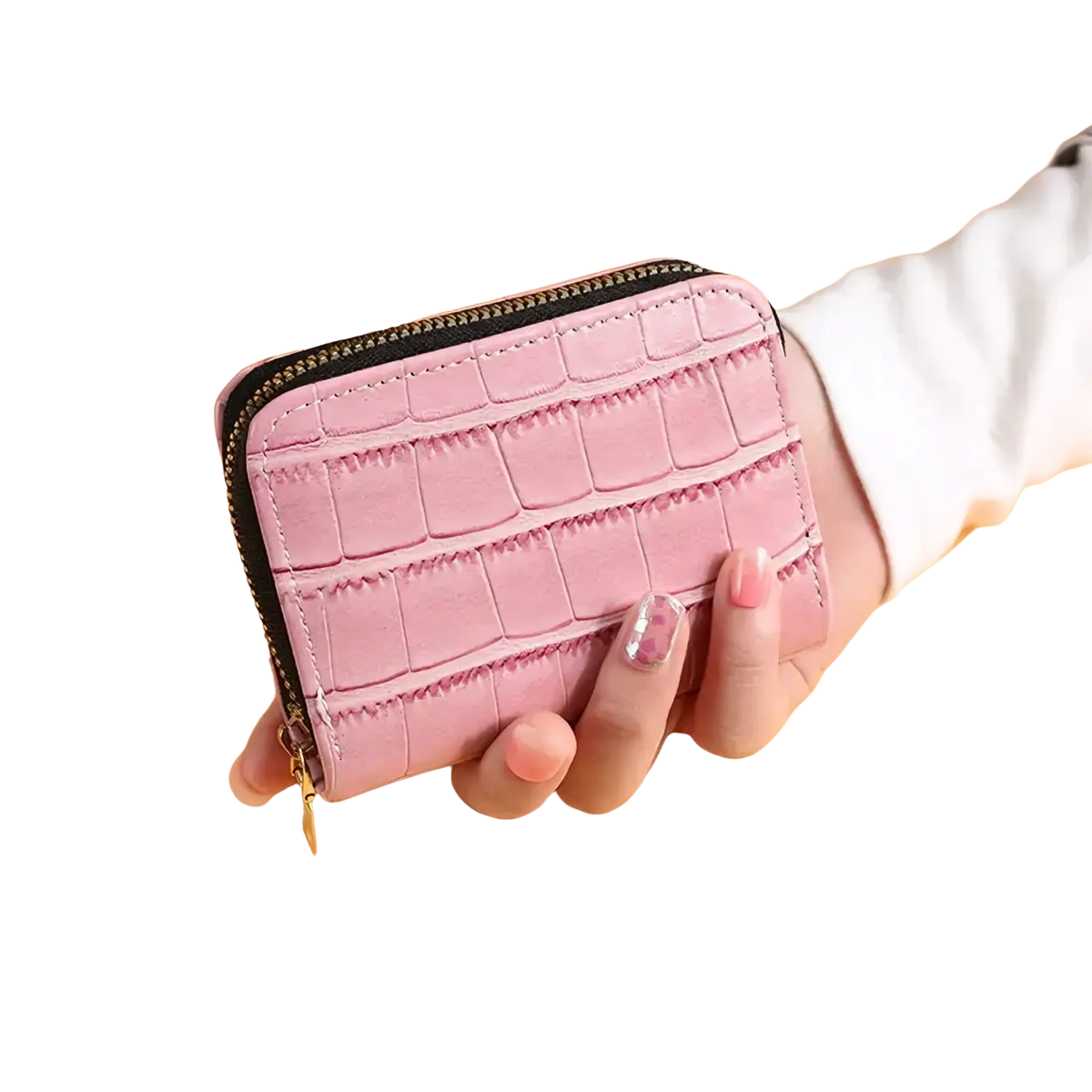 Pink crocodile leather accordion card holder wallet with black zipper and gold tone hardware in crocodile texture