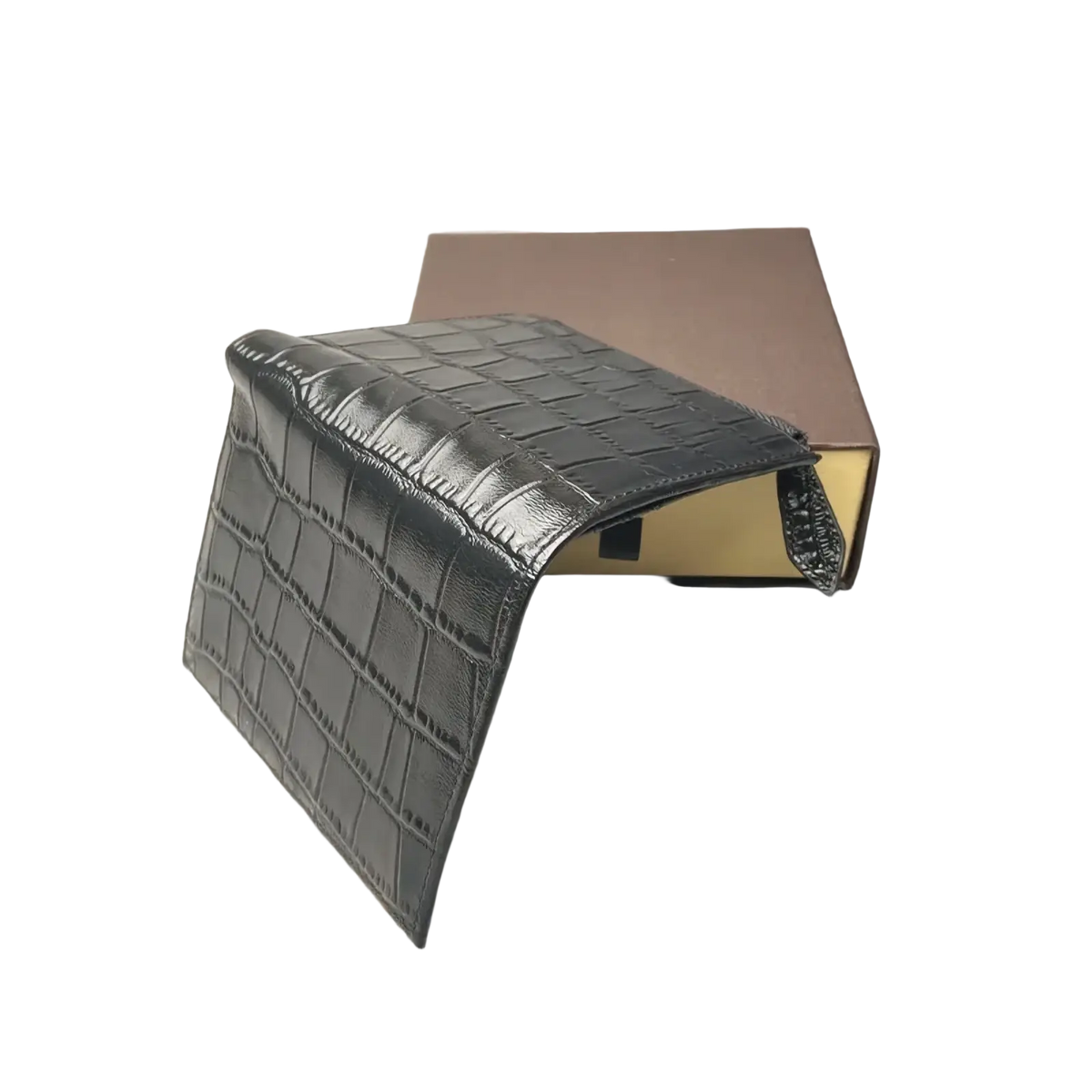Black crocodile-embossed leather unisex wallet with a sleek glossy finish and minimalist design shown from the back