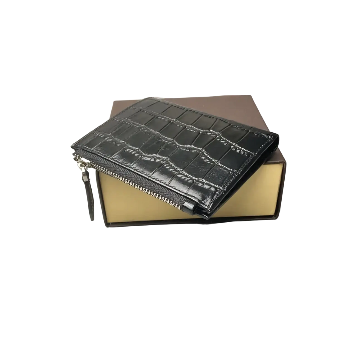 Black crocodile-embossed leather zippered unisex wallet showcasing textured exterior and functional design