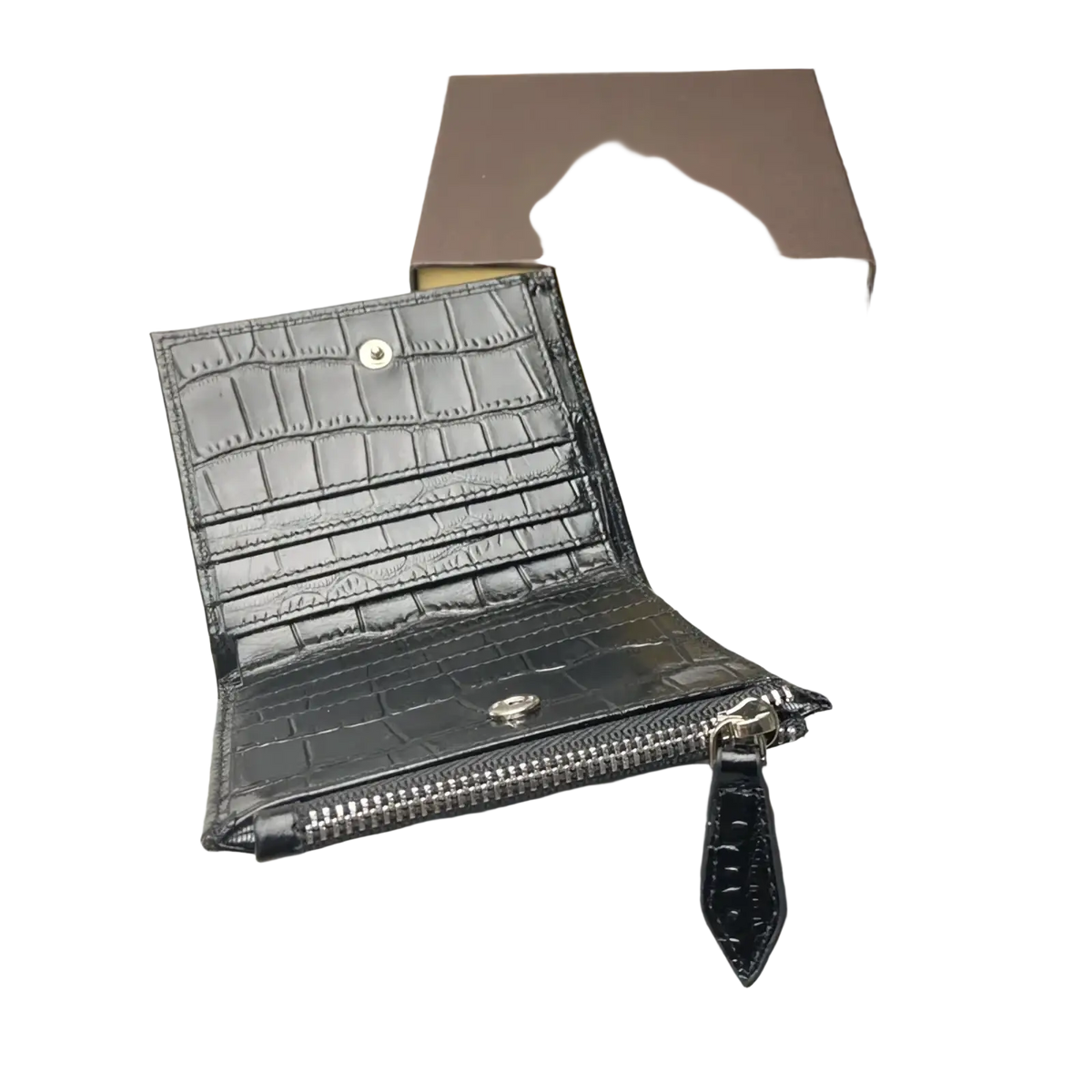 Black crocodile leather unisex wallet with silver-toned hardware and zipper pull in a sleek embossed design