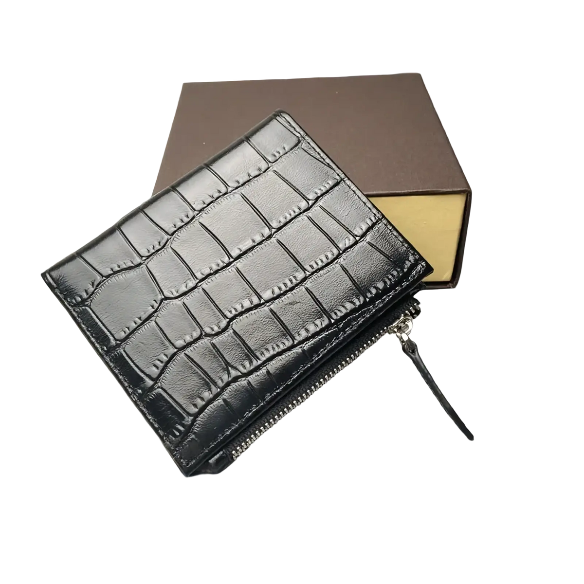 Black crocodile leather unisex wallet with silver zipper pull showcasing textured design and premium craftsmanship