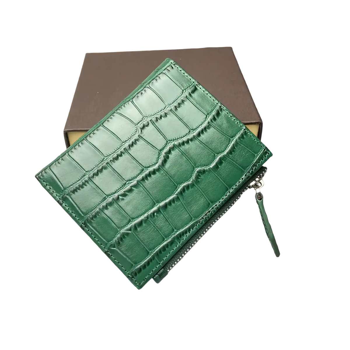 Emerald green crocodile leather unisex wallet with embossed texture silver zipper and matching pull tab