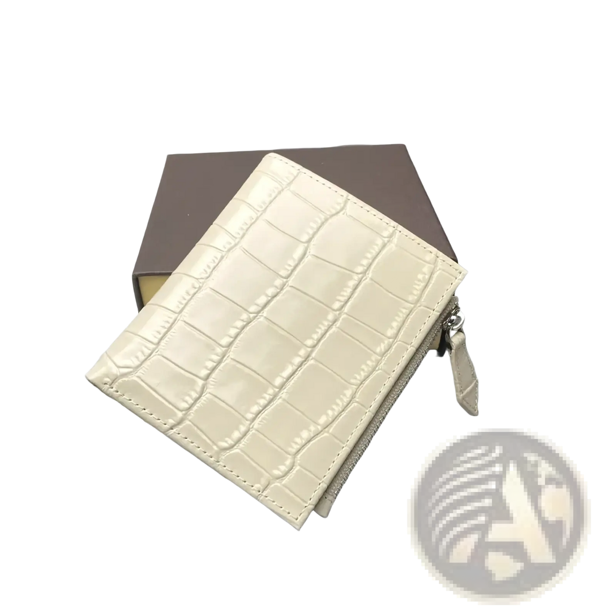 Cream-colored crocodile-embossed leather unisex wallet with zipper closure and matching pull tab