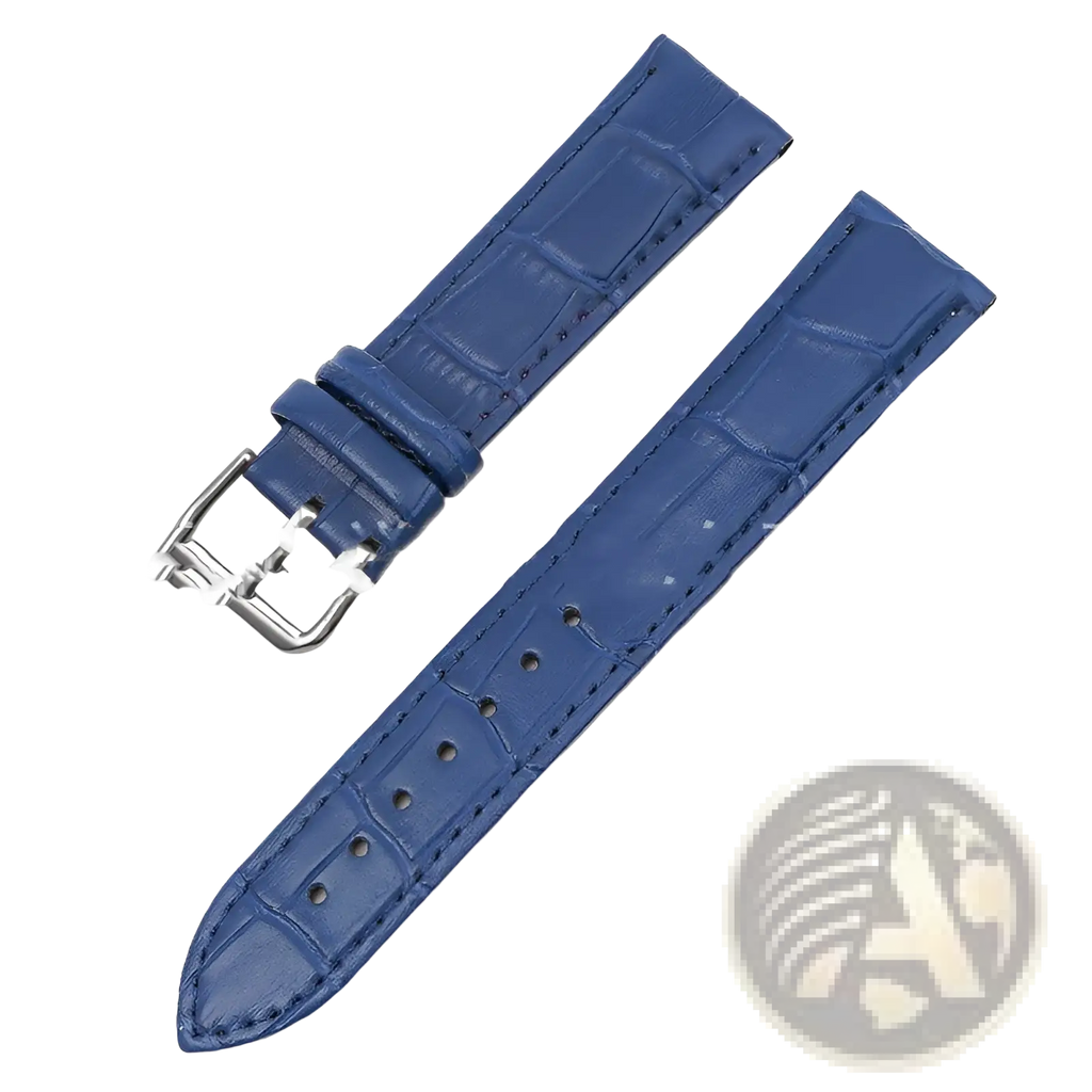 Blue crocodile-patterned leather watch strap with silver-toned buckle in a crocodile leather watch strap set