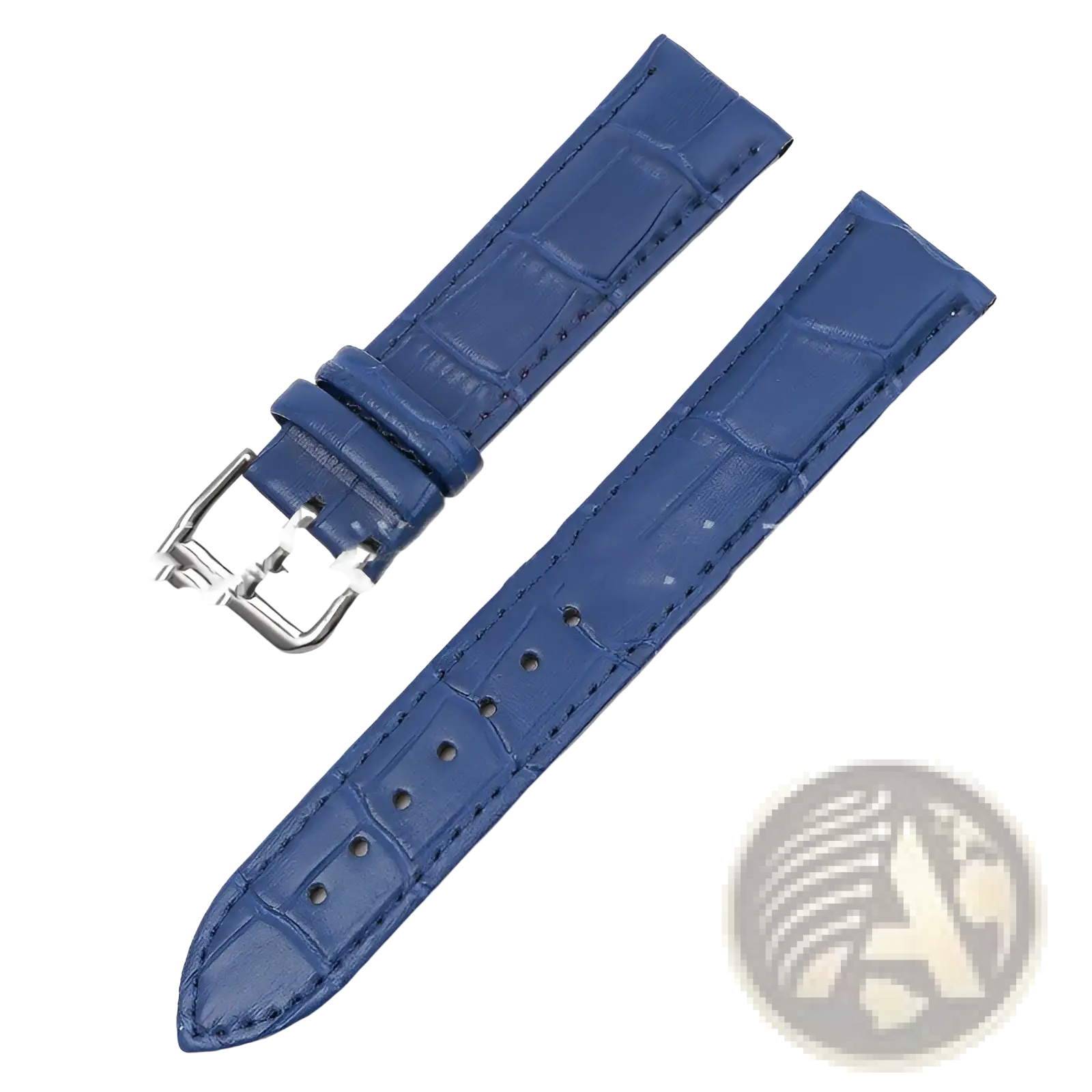 Blue crocodile-patterned leather watch strap with silver-toned buckle in a crocodile leather watch strap set
