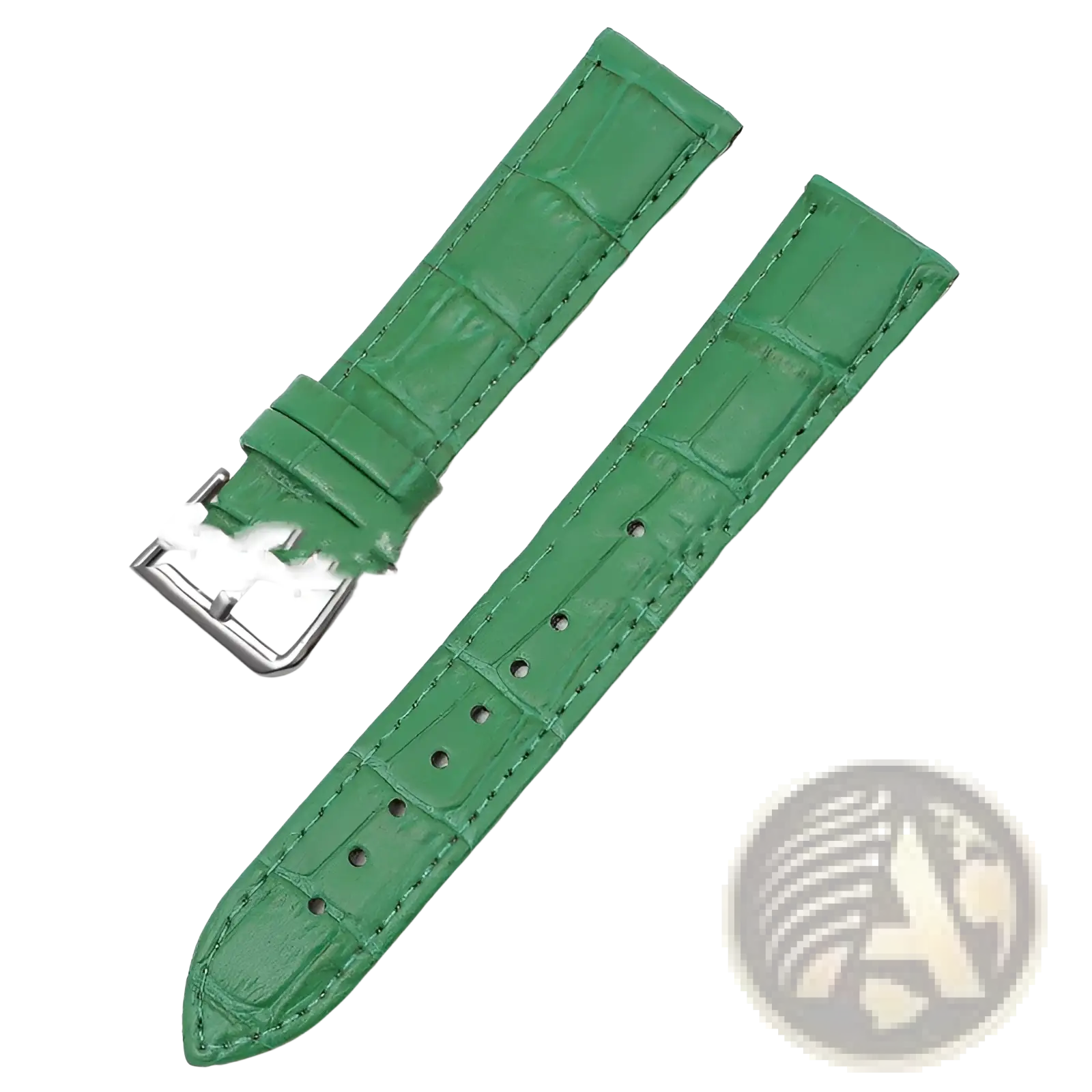 Green crocodile-patterned leather watch strap with a silver-toned buckle included in the strap set