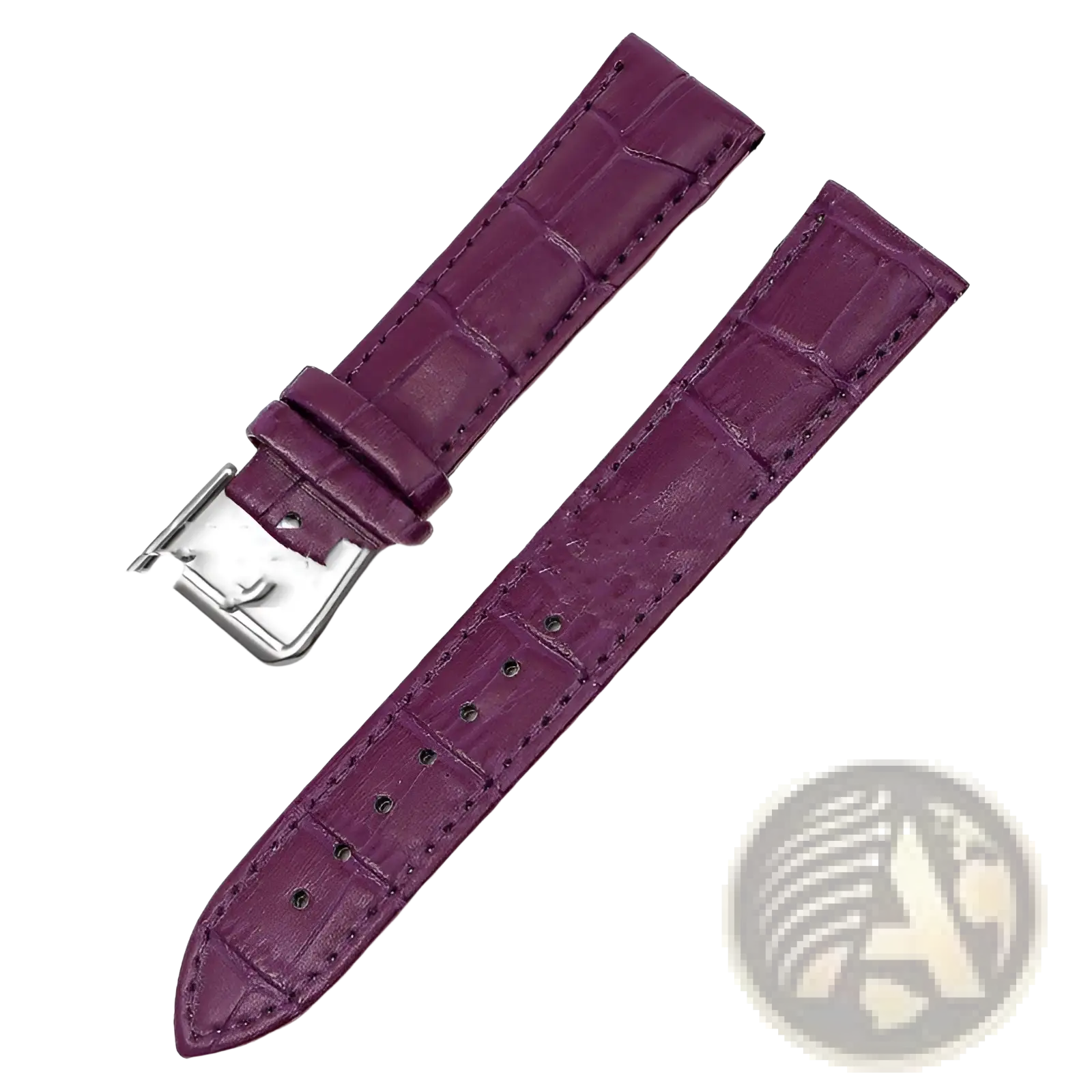 Purple crocodile-patterned leather watch strap with silver buckle in a crocodile leather watch strap set with buckle