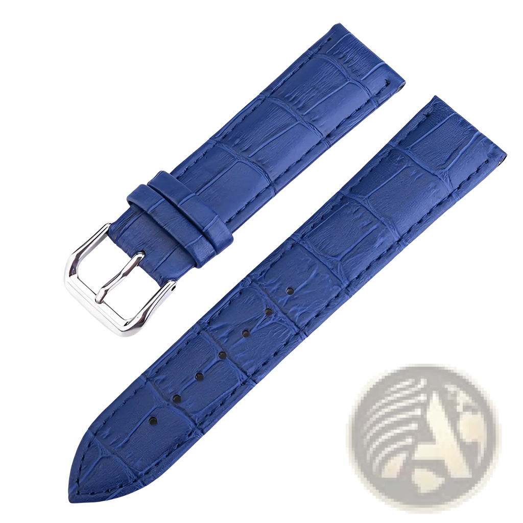 Blue crocodile leather watch strap with silver buckle featuring a textured pattern for elegant timepieces