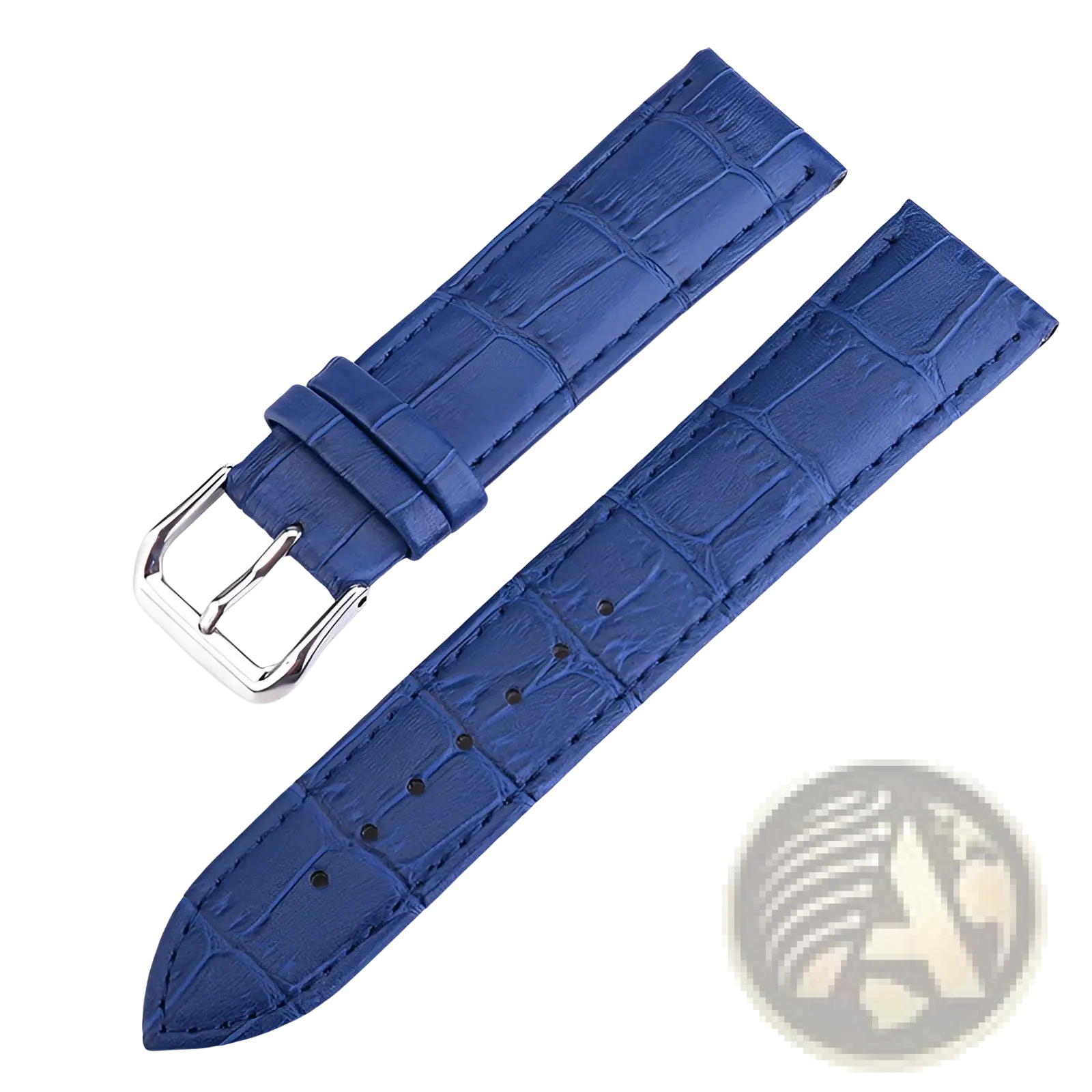 Blue crocodile leather watch strap with silver buckle featuring a textured pattern for elegant timepieces