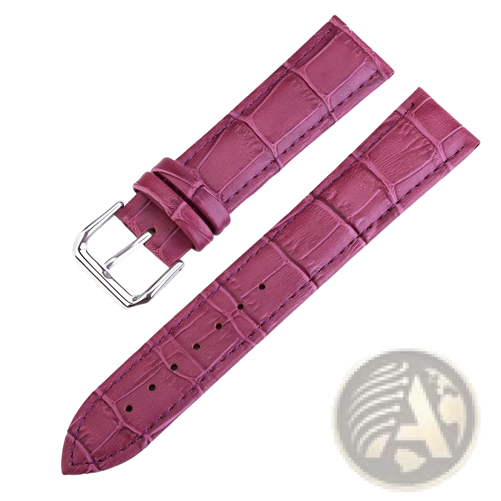 A burgundy crocodile-patterned leather watch strap with a silver-toned buckle from the crocodile leather watch strap set