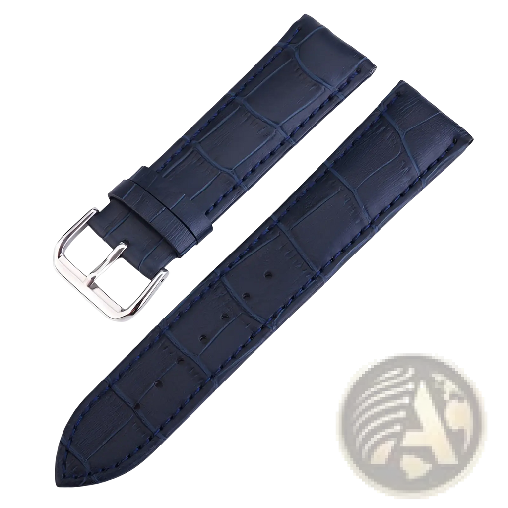 Dark blue crocodile-patterned leather watch strap with silver-toned buckle in a crocodile leather watch strap set
