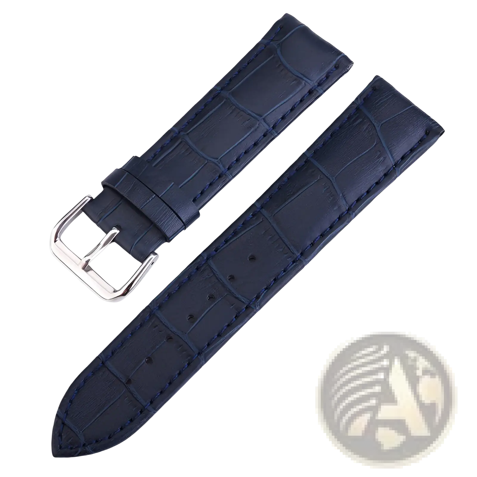 Dark blue crocodile-patterned leather watch strap with silver-toned buckle in a crocodile leather watch strap set