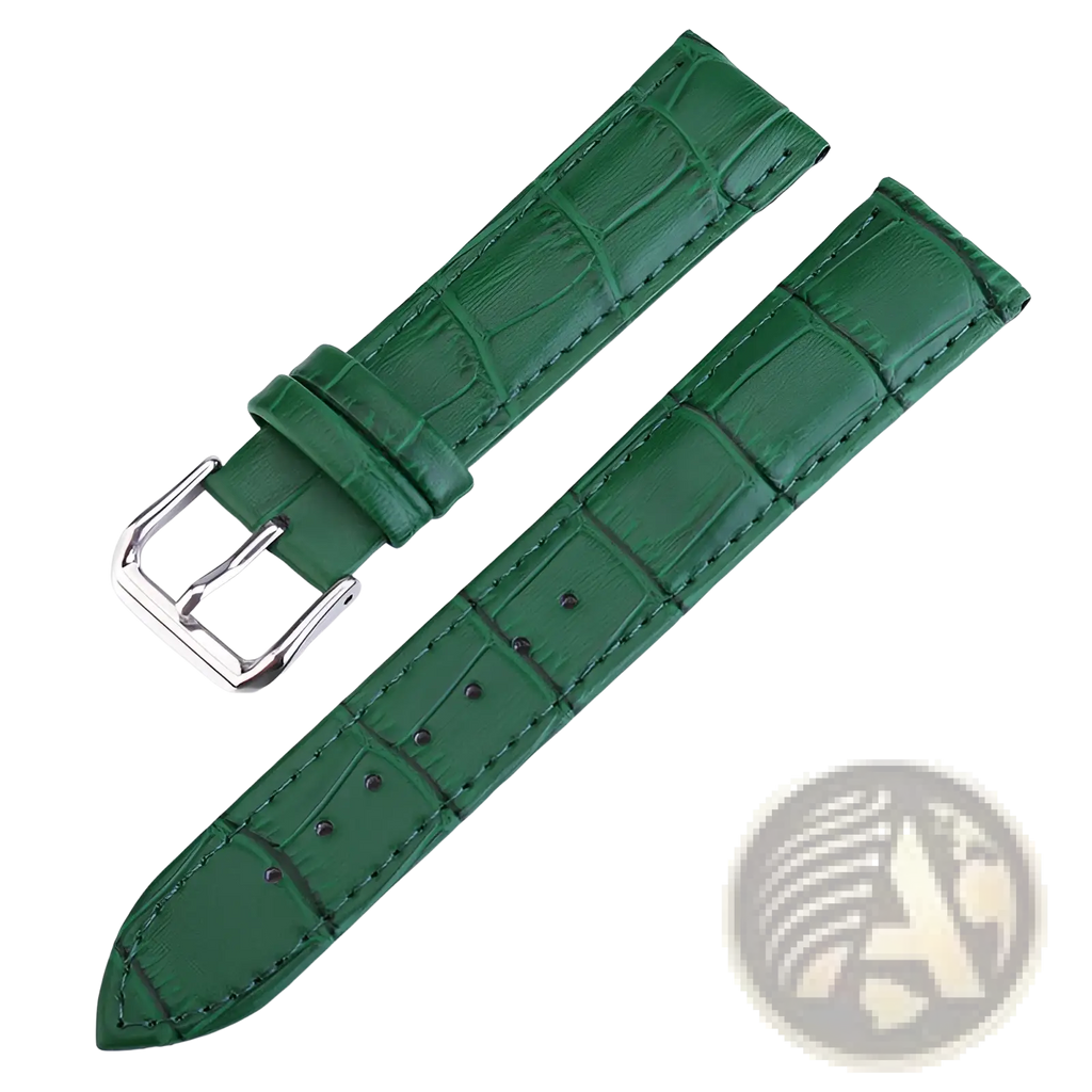 Green crocodile-patterned leather watch strap with silver-toned buckle from crocodile leather watch strap set with buckle
