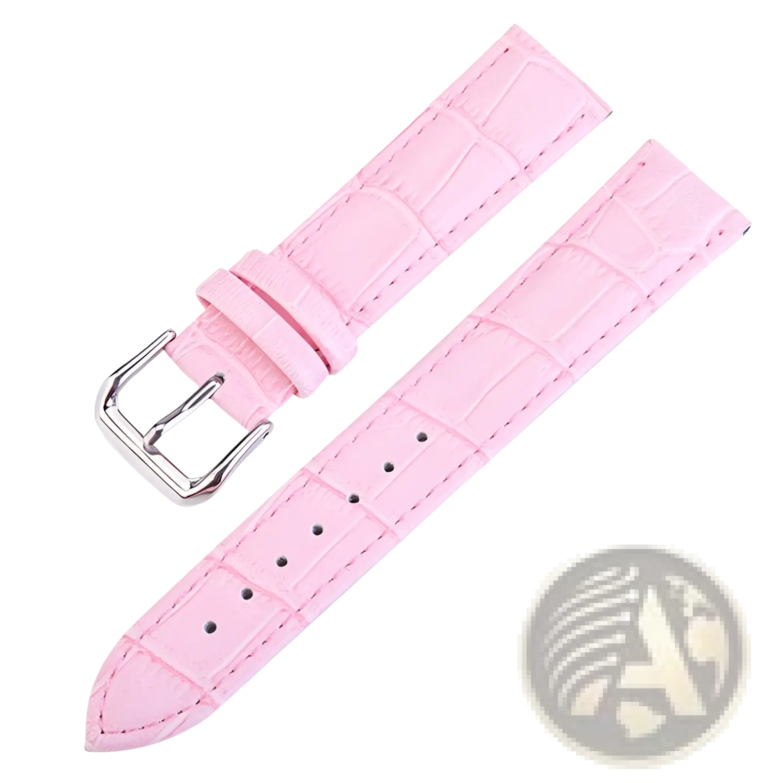 Pink crocodile leather watch strap set with silver-toned buckle featuring a crocodile pattern design