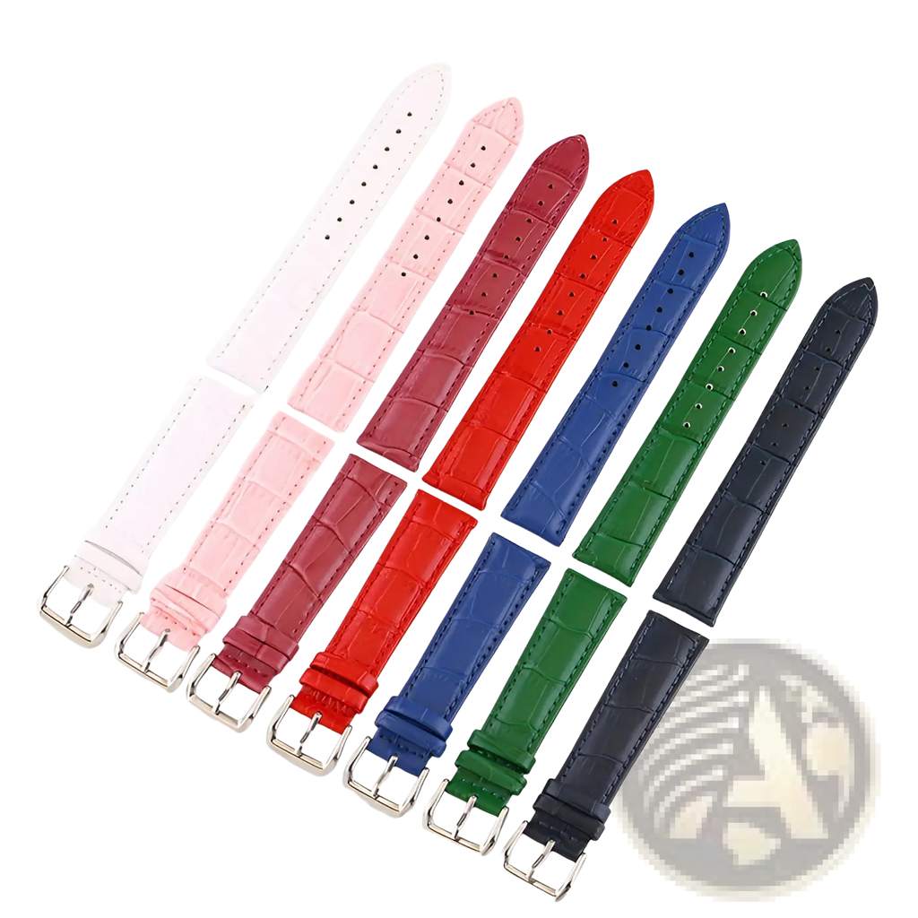 A set of seven colorful crocodile leather watch straps with silver-toned buckles in white pink red blue green and black