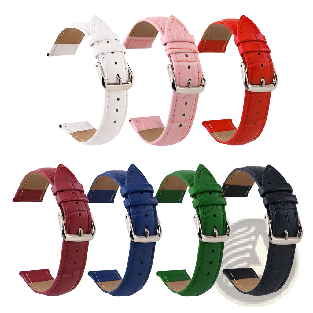 A set of six colorful crocodile leather watch straps with silver-toned buckles in various colors including white and navy