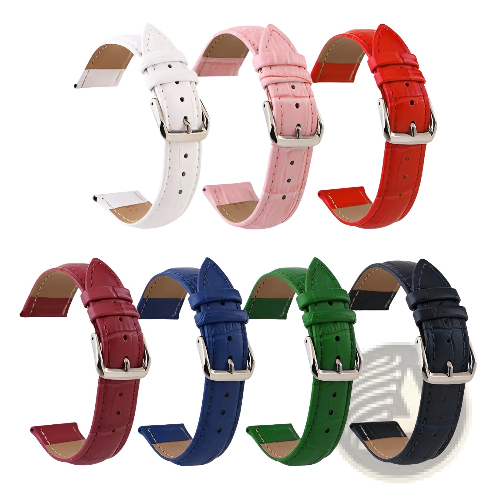 A set of six colorful crocodile leather watch straps with silver-toned buckles in various colors including white and navy