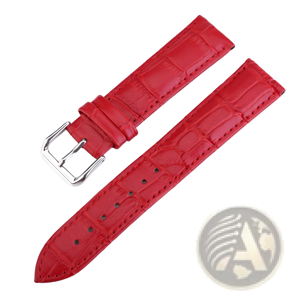 Vibrant red crocodile leather watch strap set with polished silver buckle for elegant timepiece customization