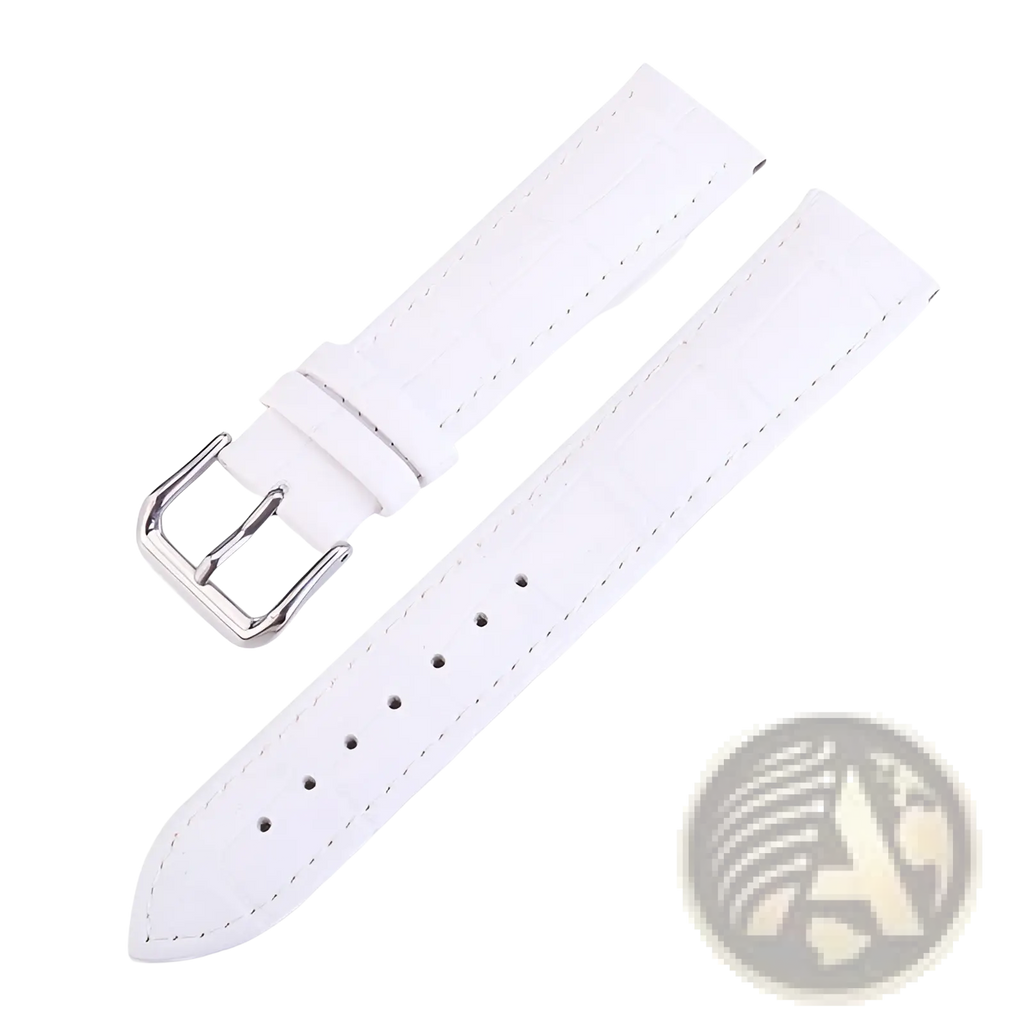 White leather crocodile watch strap set with silver-toned buckle and contrasting stitching for refined style